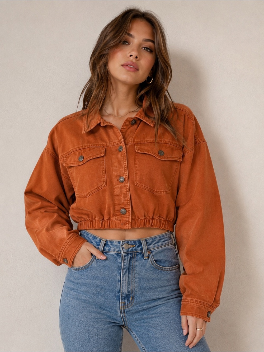 Cotton On Women Rust Orange Cropped Denim Jacket w/ Elasticized Hem in Size 8
